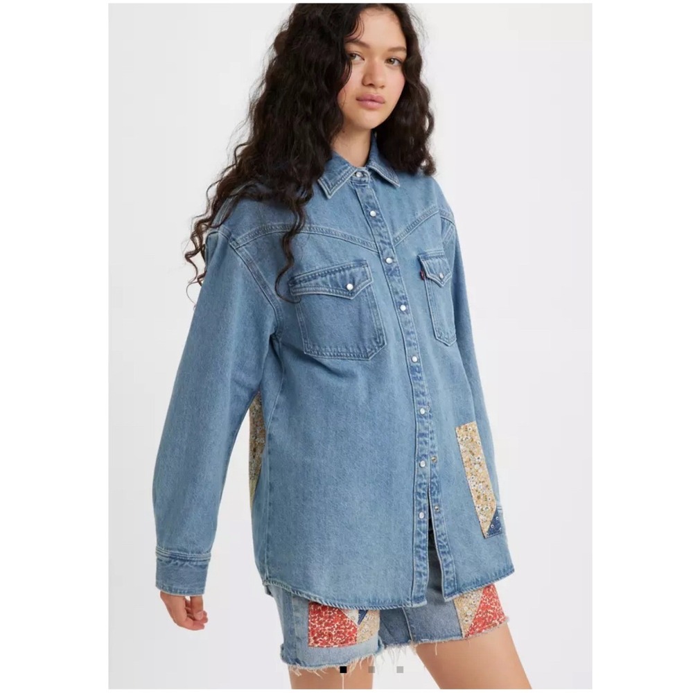 Levi's Premium Dorsey Patchwork Western Shirt Sm Pearl Snaps NWT Oversized Baggy